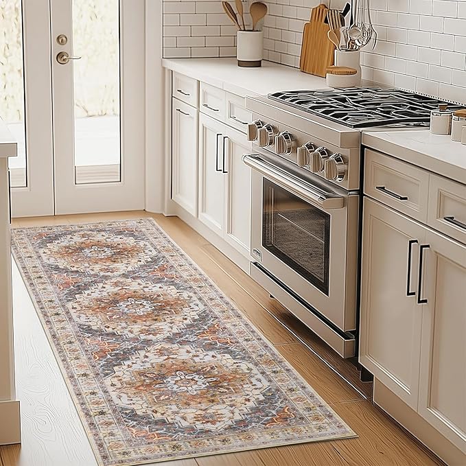 2'6" x 14'Non Slip Runner Rugs - Runners for hallways, Kitchen,Entryway,Stain Resistant Washable Rugs for Bedroom, Indoor Vintage Area Rugs (Turmeric/Grey,2'6" x 14')