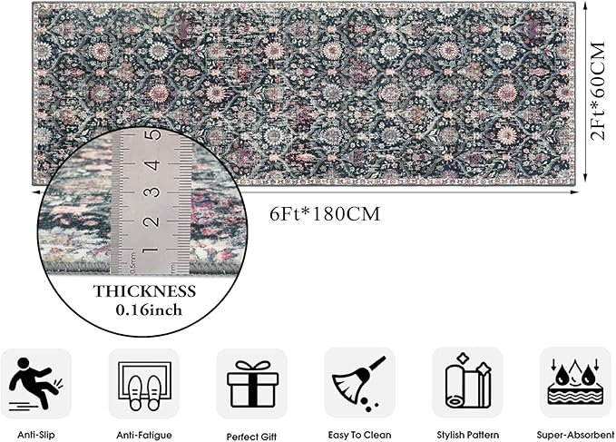 Lahome Black 2x6 Kitchen Runner Rug, Bathroom Rug Runners for hallways Non Slip Washable, Laundry Room Bedroom Long 24 x 72 Floor Carpet Runner Stain Fade Resistant,Boho Vintage Decor