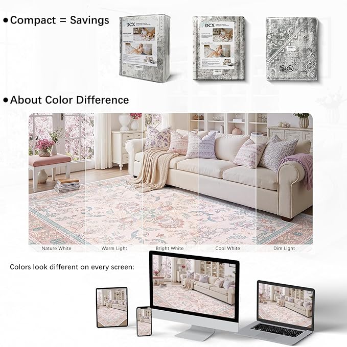 DCX Floral Area Rugs 9x12 Living Room, Soft Anti-Skid Machine Washable Pink Area Rugs Stain Resistant Neutral Boho Carpet for Bedroom Large Low Pile Lightweight Room Rug
