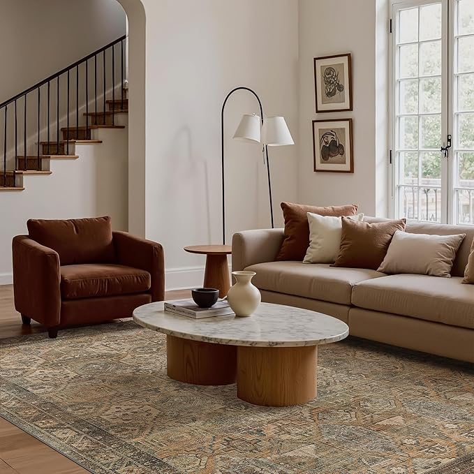 Bavni Washable Rug 3x5 Area Rug for Living Room Bedroom Dining, Washable Vintage Print Carpet, Ultra-Thin Chenille Low Pile Lightweight Rug with Non Slip Backing, Warm Taupe