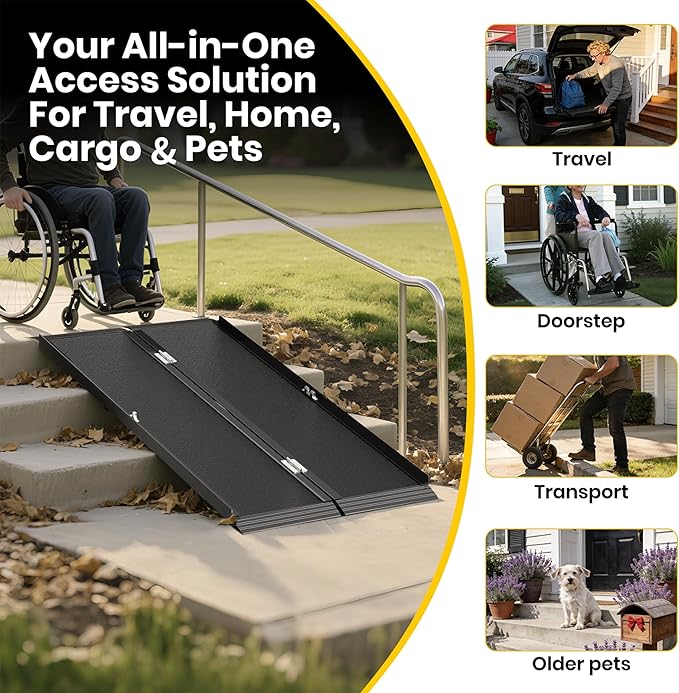 5FT Portable Wheelchair Ramp with Quick-Lock, Black Seamless Non-Slip Aluminum Folding Handicap Ramp,Threshold Ramp for Doorways, Wheel Chair Ramp for Home Steps