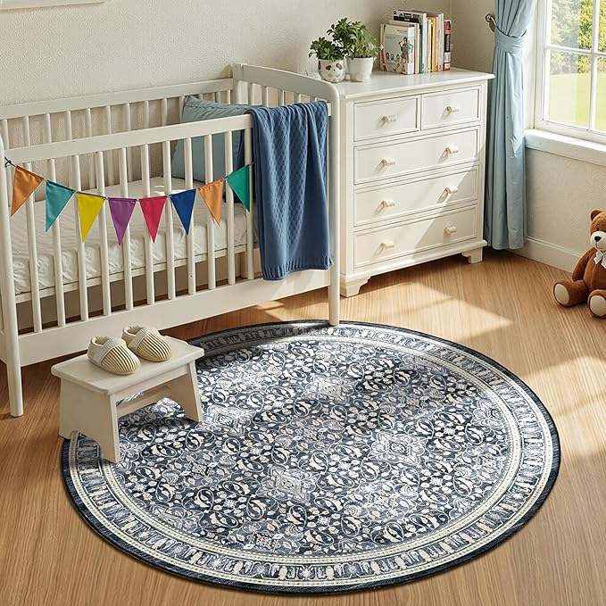 Dark Blue Round Rug 4ft for Entryway, Small Low Pile Circle Rug for Bathroom Ktichen, Washable Non Slip Circular Carpet Rug for Nursery Bedroom Dining Room, Transitional Moroccan Floral Trellis