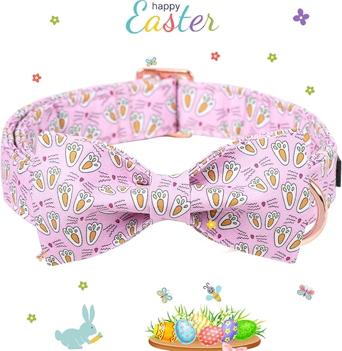 Maca Bates Rabbit Foot Dog Collar with Fancy Bow Tie for Small Girl Boy Dogs, Pink Bunny Pattern,Adjustable Durable Soft Breakaway Collars Easter Day Gift for Male Female Puppy