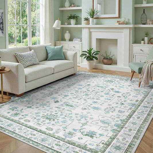 DCX Green 6x9 Rug, Kid & Pet Friendly with Rubber Back Non Slip, Machine Washable Stain Resistant Vintage Boho Floral Rug for Living Room, Bedroom, Soft Low Pile Large Nursery Carpet