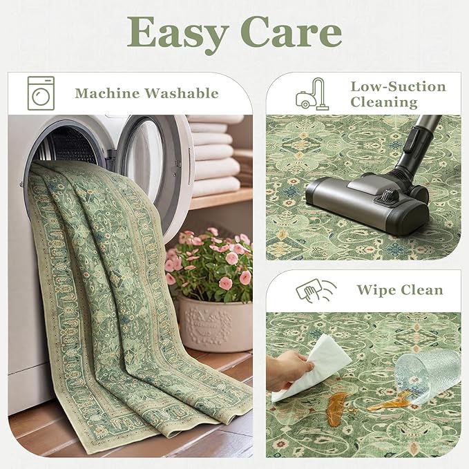 Boho Sage Green 6x9 Area Rug, Non Slip Washable Rugs for Living Room Bedroom Low Pile Thin, Floral Moroccan Pattern Printed Carpet Rug for Dining Room Home Office Nursery Playroom