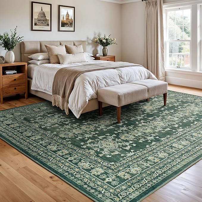 Lessymo 9x12 Area Rugs for Living Room, Machine Washable Non Slip Large Rug, Soft Low Pile Carpet for Bedroom Dining Office, Vintage Dark Green Distressed Floral Floor Decor