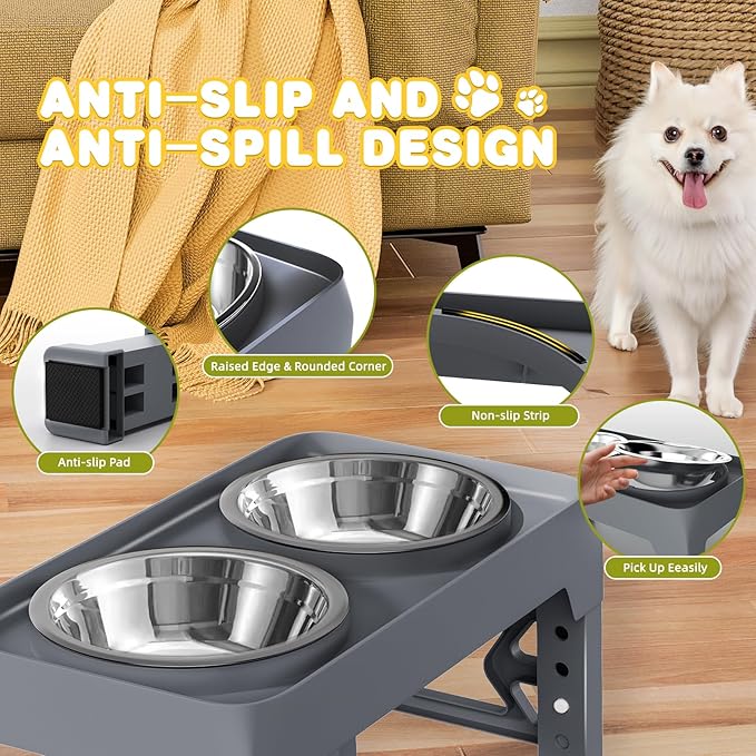 Elevated Dog Bowls for Medium Large Dogs - 5 Height Adjustable Mess Proof Raised Bowl Stand with 2 44oz Stainless Steel Food Bowls Dish Set Adjusts to 3.54’’-12.13’’ Non-Slip Grey