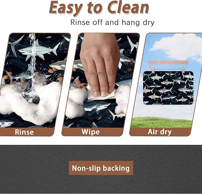 Cute Shark Dog Cat Food Mat,Absorbent Pet Feeding Mat with Rubber Backing,Non-Slip Water Bowl Placemat,Indoor Pet Accessories Supplies 12"x20"