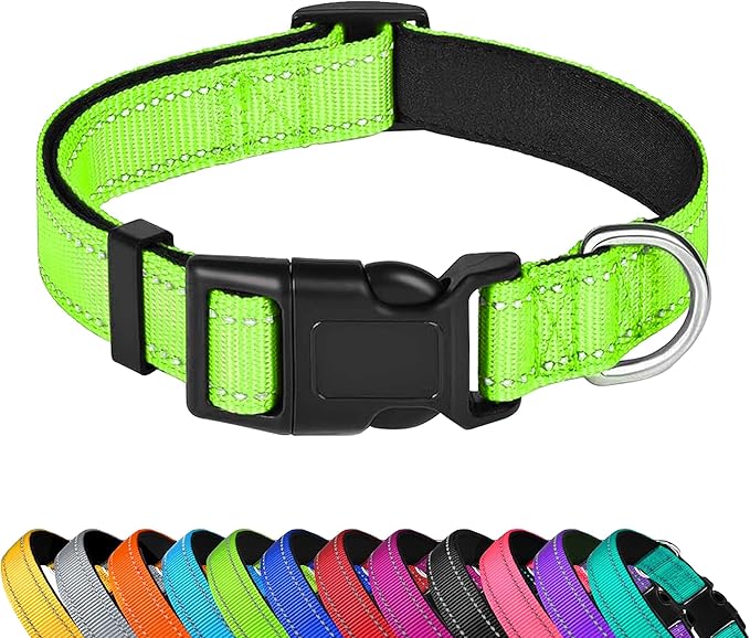 Reflective Dog Collar, Adjustable Soft Neoprene Padded Nylon Pet Collars with Buckle for Large Dogs, Green,L