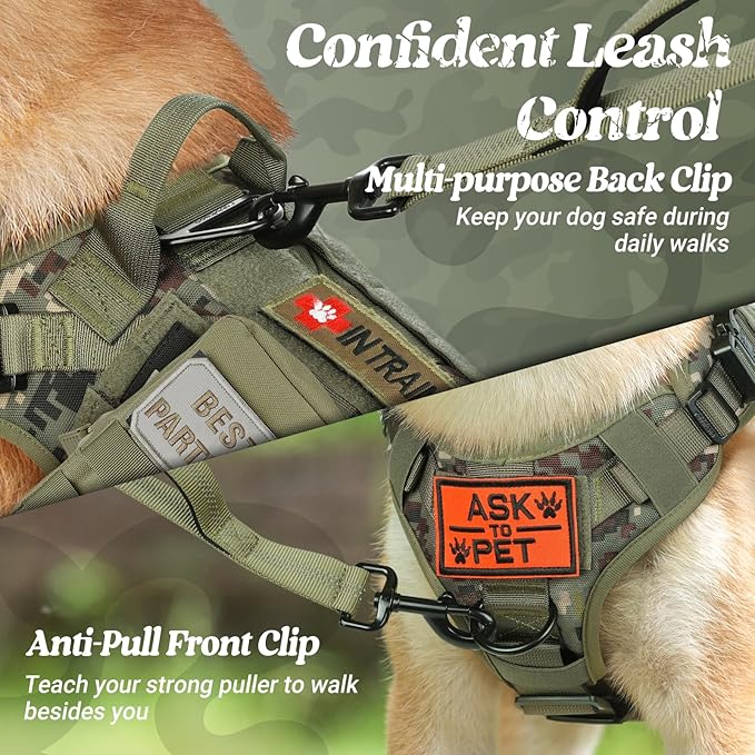 rabbitgoo Tactical Dog Harness for Large, Heavy Duty Pet Harness with Handle, No-Pull Service Vest Large Breed, Adjustable Military Dog Vest for Training Hunting Walking, Green Camo, L
