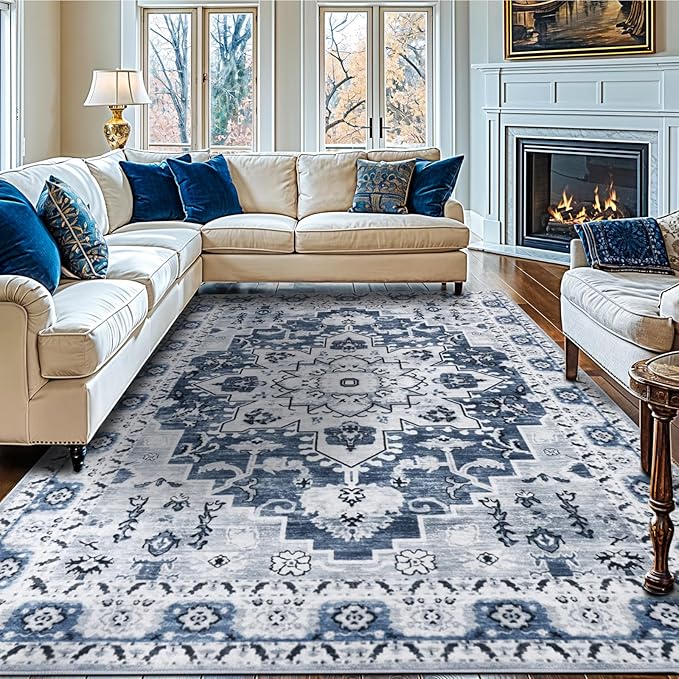 LBRO2M Boho Area Rug 8X10 Washable Rugs for Bedroom Low Piles Indoor Carpet, Non Slip Soft Rugs for Living Room, Dining Room, Rug Foldable Pet Friendly Area Rugs Stain Resistant (8'X10' Light Blue)
