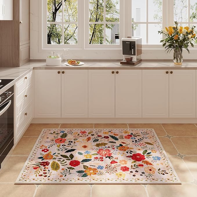 Rugcomf Door Mat Indoor Entrance 2x3 Rug Machine Washable Boho Floral Small Area Rug Non-Slip Low Pile Throw Rugs for Entryway, Kitchen, Front Door Indoor Entrance, Entry, Kids Room (Beige)