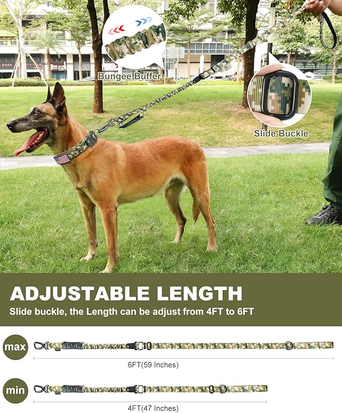 Hotsky Tactical Dog Leash Heavy Duty for Medium Large Dogs That Pull,4-6Ft Strong Bungee Shock Absorbing No Pull Dog Leash with Padded Double Handle and Car Seatbelt,Army Camo