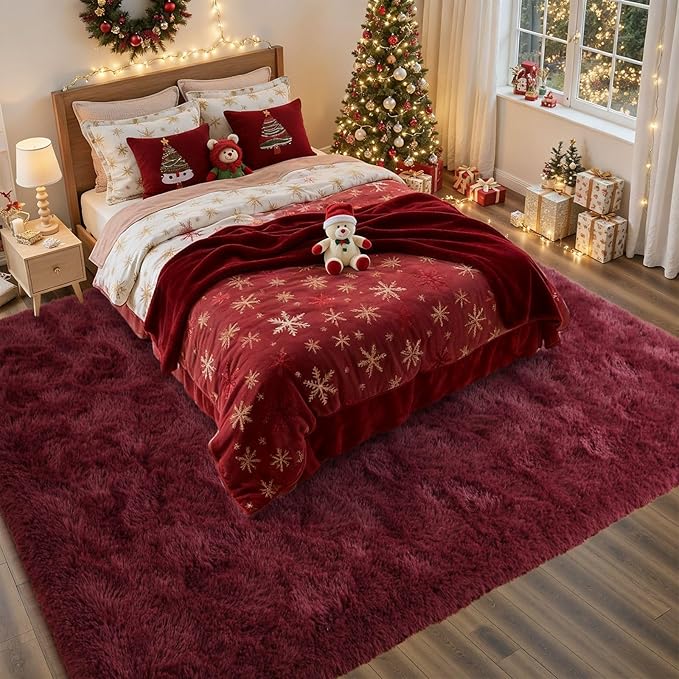 Area Rugs for Living Room, 6x9 Feet Soft Fluffy Shagg Plush Rug High Pile Large Indoor Modern Non-Slip Floor Carpet for Bedroom Nursery Girls Kids Home Room Dorm Decor Aesthetic Burgundy