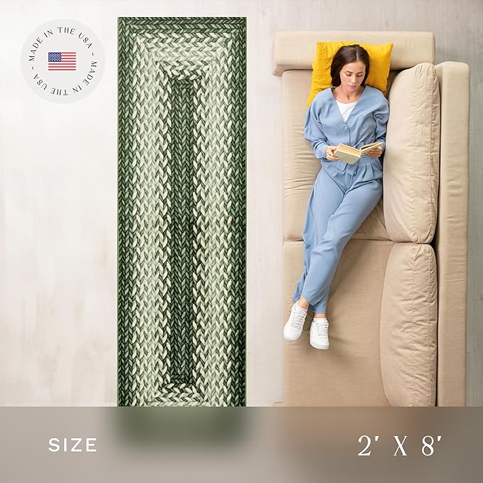 Maples Rugs Marion Bohemian Braided-Style Print Runner Rug ??Made in USA ??Washable, Non-Slip Indoor Runner for Hallway, Kitchen, and Laundry Room, 2' x 8', Green