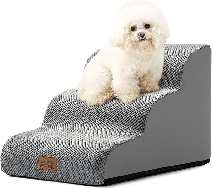 Dog Stairs for Small Dogs 15.7" H, Curved Dog Step for Puppy, Older Cat, Medium Pet Ramp for Sofa, Couch or Chair, Ladder with High Density Foam, 3 Step, 15.7x22.4x15.7 inch, Grey