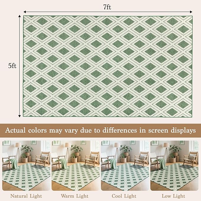 LBRO2M Checkered Rug 5X7 Washable Rugs for Living Room Bedroom Non Slip Rugs Easy Clean, Soft Low Piles Stain Resistant Carpet Geometric Area Rug Great for Pets and Family (5'X7' Green)