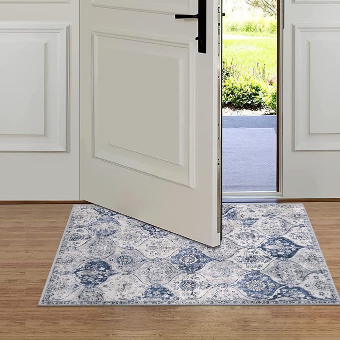 Lahome Moroccan Trellis Washable Rug, 2x3 Kitchen Rugs for Entryway Bathroom, Non-Slip Indoor Door Mat Ultra-Thin, Small Oriental Throw Carpet for Bedroom Entry, White/Royal Blue