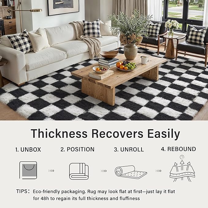 Checkered Rug 5x8 for Living Room, Black and White Modern Shag Rugs Super Soft Washable Indoor Office Fuzzy Carpet Non-Slip Fluffy Rugs for Bedroom Home Aesthetic Decor