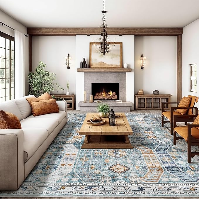 Washable Rug 8x10 Area Rugs for Living Room - Stain Resistant Non-Slip Backing Rugs for Bedroom - Vintage Large Area Rug (Blue/Gold, 8'x10')