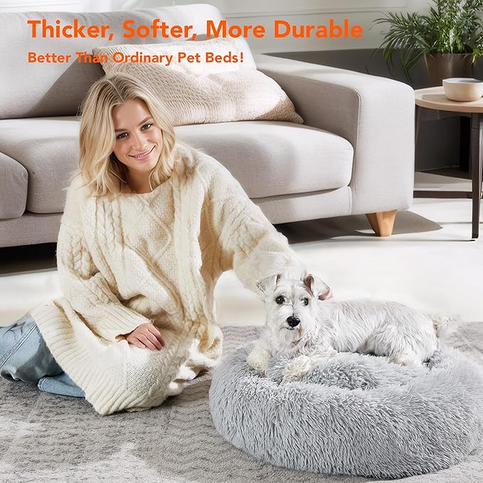 Deconovo Calming Donut Dog Bed, Washable Plush Round Pet Bed for Small Dogs & Cats with Raised Rim, Non-Slip Base and Soft Faux Fur—Lightweight, Easy-Care Design Light Grey 30" L x 30" W x 8" Th
