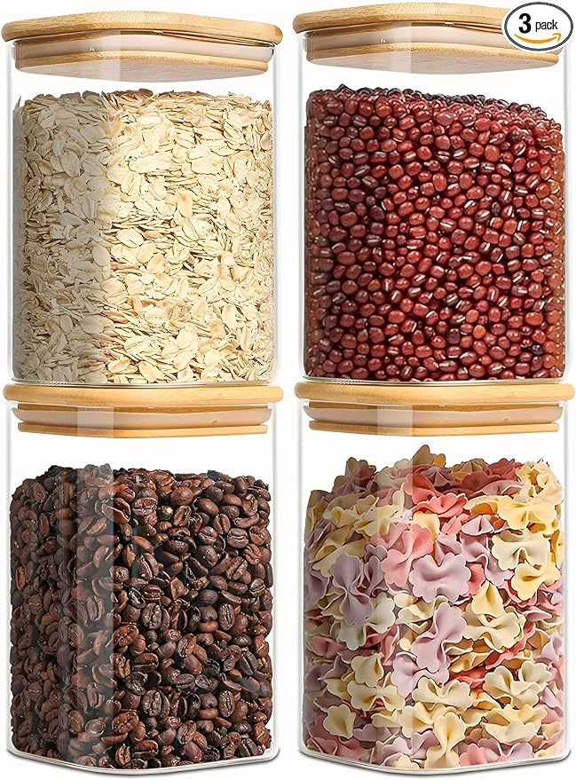 1.2 Qt Square Glass Storage Containers with Lids, glass jar with airtight lid, Glass Canister for Pantry Cookie Cereal Rice Sugar Tea Coffee Beans Spice, Square Set of 4