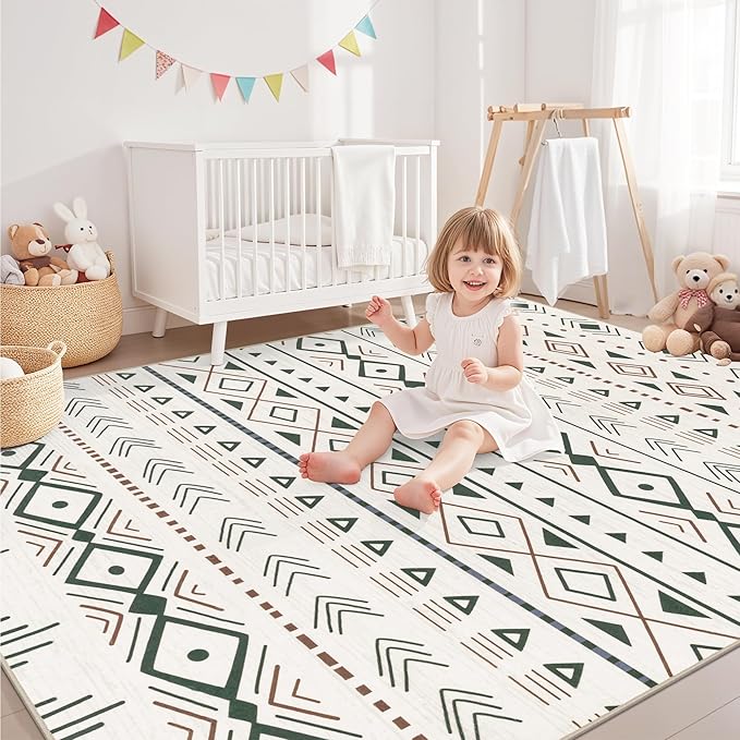 8x10 Area Rugs Living Room Rug: Washable Rug Neutral Lagre Soft Thin Carpet Indoor Floor Non Slip Boho Geometric Moroccan Carpets for Bedroom Dining Room Farmhouse Nursery Office - Brown Green