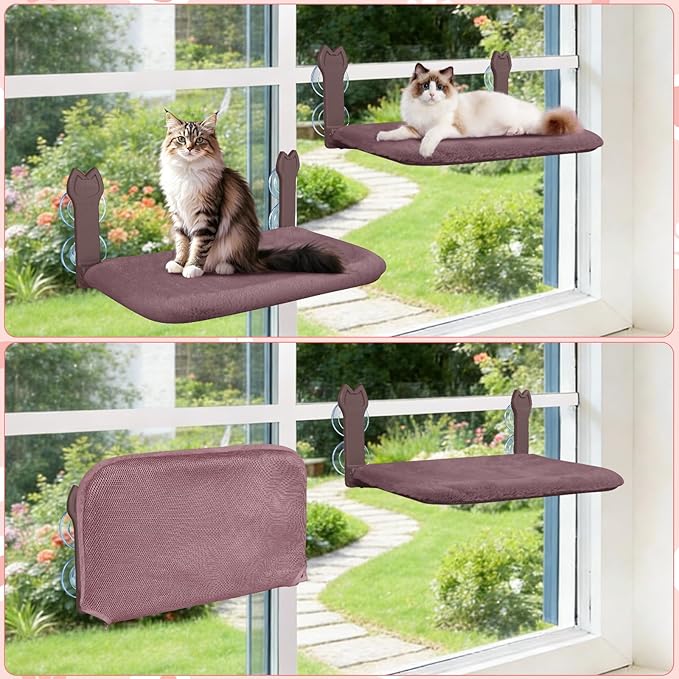 2 Pack Cat Window Perch,Cat Window Hammock Cordless Foldable Window Bed with 4 Large Strong Suction Cup,Reversible Cushion Cover,Metal Frame Easy to Adjust Window Seat Holds up to 40lbs(Brown，M)