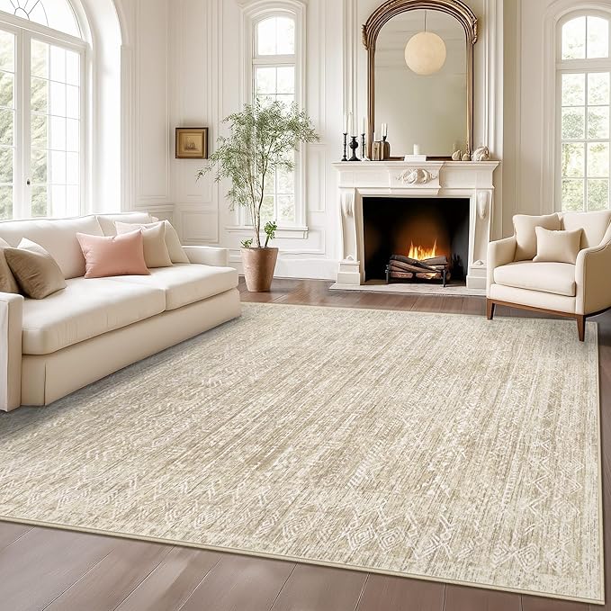 Washable Rug 5x7 Area Rugs: Modern Geometric Rugs for Living Room Non Slip Soft Low Pile Moroccan Indoor Carpet for Bedroom Nursery Dining Room Home Office (Beige, 5'x7')