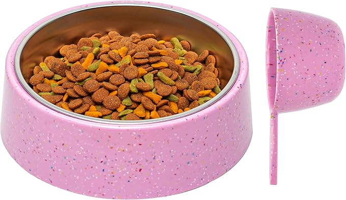 Bzyoo 4 Cup Tilted Dog Bowl with Measuring Scoop for Small Dogs & Cats, Stylish Sprinkle Design, Elevated, Stainless Steel 32 oz Inner Bowl, Non-Skid, Help Cotain Spills Color: Pink