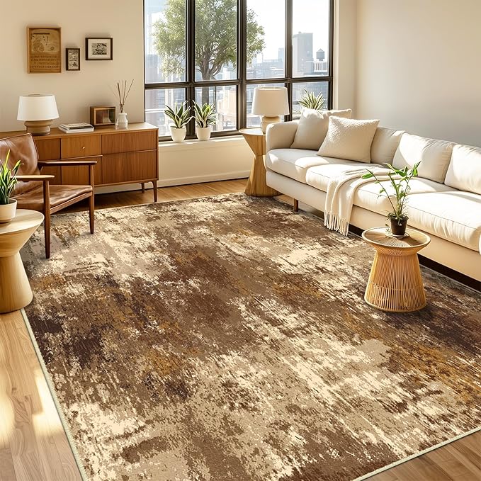 Washable Area Rugs 8'x10' Non-Slip Modern Abstract Soft for Living Room Entryway Bedroom Nursery, Print Pattern, Brown Tan Beige Coffee