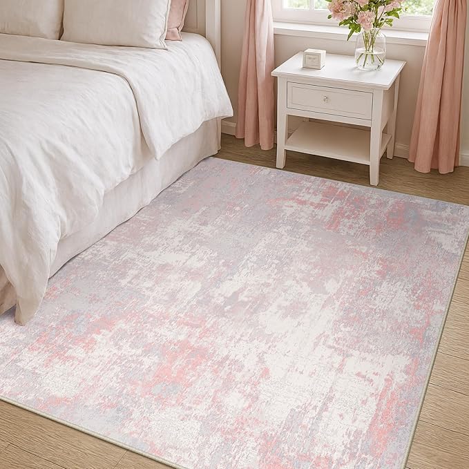 Washable Area Rugs 4'x6' Non-Slip Modern Abstract Soft for Living Room Entryway Bedroom Nursery, Print Pattern, Grey Pink