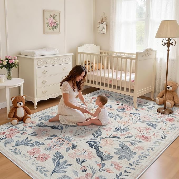 5x7 Area Rugs Washable Rug: Lagre Boho Living Room Rug Soft Non-Slip Thin Carpet Indoor Floor Non-Shedding Neutral Floral Carpets for Bedroom Dining Room Farmhouse Nursery Multi