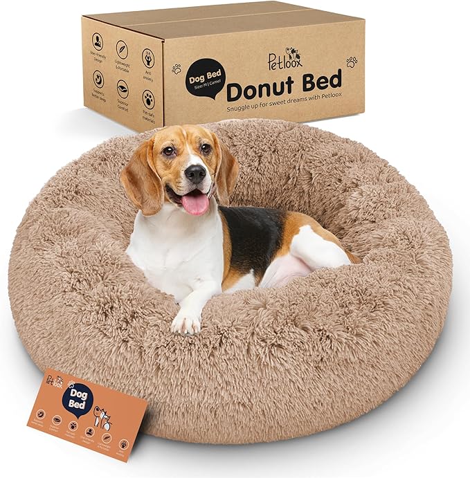Donut Dog Bed - Premium Comfort for Anxiety Relief - Fluffy & Calming Design with Ultra-Plush Support | Cozy Round Dog Bed with Super Soft Circle Style (Camel, Medium)