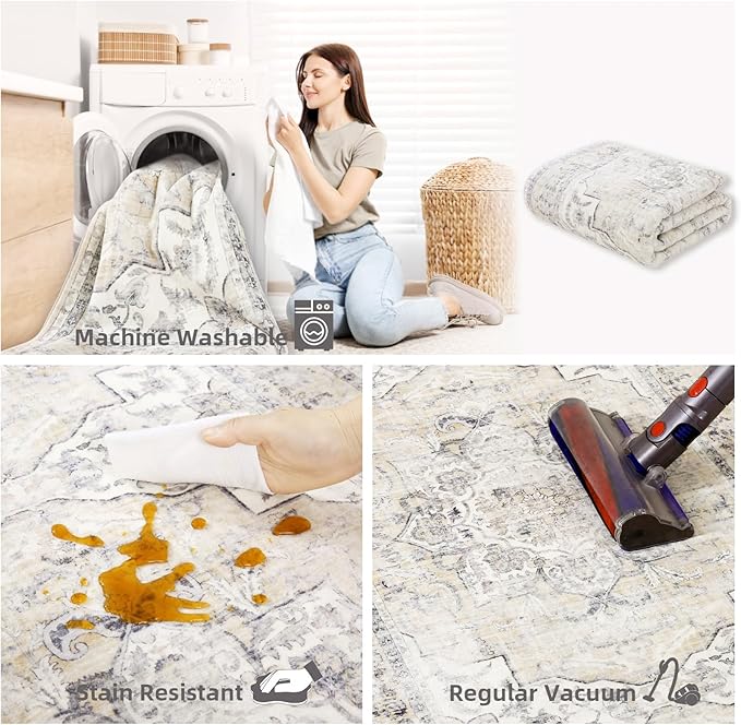 Washable Area Rugs for Living Room: 5x7 Area Rugs for Bedroom Stain Resistant Distressed Vintage Accent Rug Non Slip Low Pile Faux Wool Soft Boho Rugs for Kitchen Bedside Nursery Office Dining Room