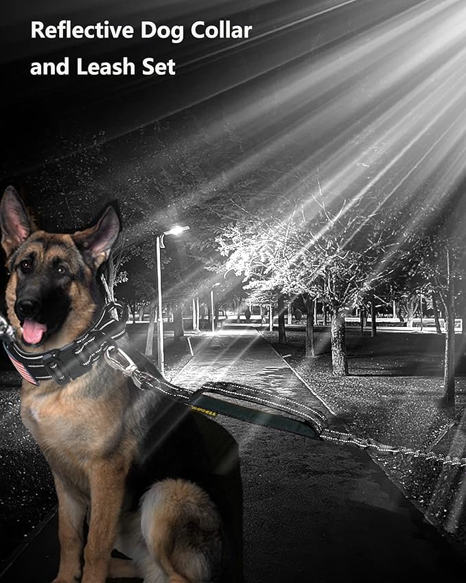 AUBELL Tactical Dog Collar and Leash Set, Reflective Adjustable Heavy Duty Military K9 Collars with Handle and Metal Buckle for Extra Large Dogs, with Airtag Case and 2 Patches(Black,XL)