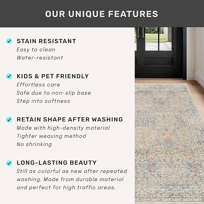 Large 3x6 Entryway Rug Indoor - Washable Non-Slip Low Pile Stain Resistance Ultra Soft Area Rug for Large Kitchen, Bedroom Beside Bed - Vintage Floral Beige Blue Home Decor