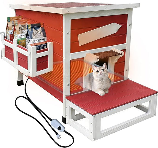 Rockever Heated Cat House for Outside Cats in Winter, Large Heated Cat Houses with Heating Pad, Wooden Outside Cat Shelter Weatherproof with Escape Door(Red)