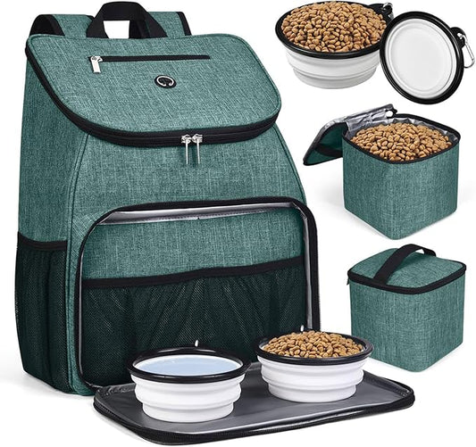 BAGLHER丨Dog Travel Bag, Airline Approved Pet Supplies Backpack, Dog Travel Backpack Accessories Set with 2 Silicone Collapsible Bowls and 2 Food Baskets. Green