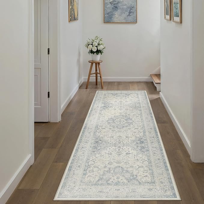 2x6 Blue Washable Vintage Runner Rug for Living Room Bedroom Soft Tranditional Non Slip Runner Area Rug Lightweight Floral Low Pile Distressed Runner Kitchen Hallway Bedroom Bathroom