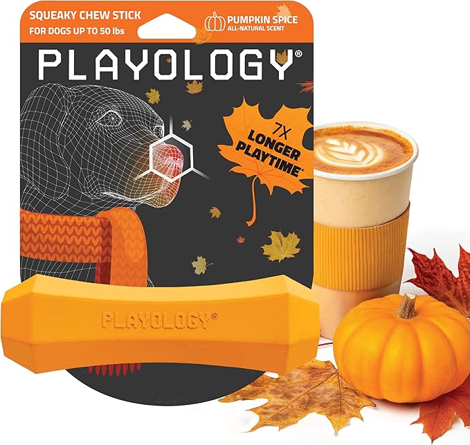 Playology Dog Toys | Durable Squeaky Chew Stick for Dogs | Medium Pumpkin Spice Scented Toy - Easy to Clean and Made from Non Toxic Materials