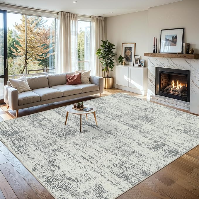Area Rugs 9x12 Living Room - Washable Rug Modern Abstract Soft Large Neutral Non-Slip Carpet Indoor Floor Stain Resistant Thin Carpets for Bedroom Dining Room Farmhouse Nursery Home Office Grey