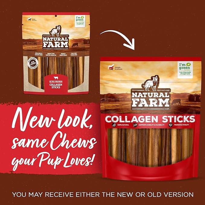 Natural Farm Collagen Dog Chews (12 Inch, 5 Pack), Odor-Free Long Lasting Bully Sticks & Rawhide Alternative Dog Treats, 95% Collagen Low Fat, High Protein – Medium & Large Dogs