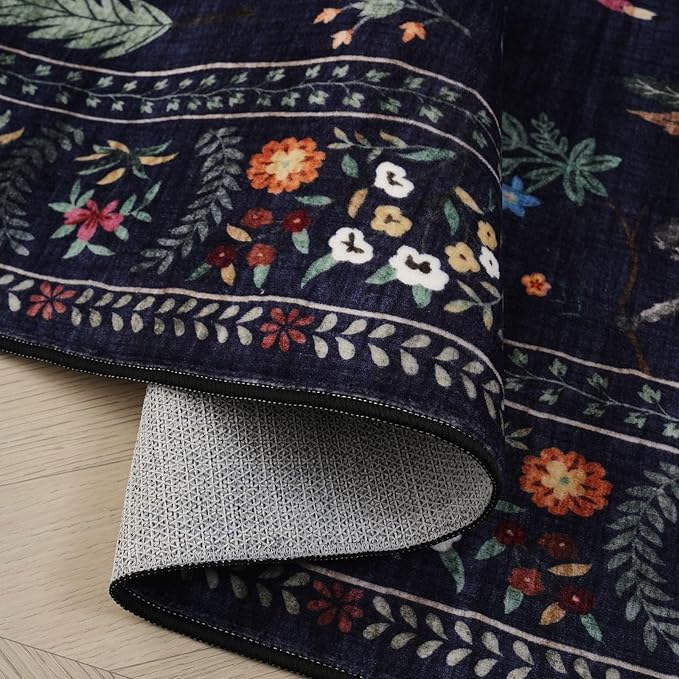 Rugcomf Living Room Rug 6x9 Rug Machine Washable Boho Area Rug Non Slip Floral Animal Vintage Low Pile Large Rug for Living Room, Bedroom, Farmhouse, Dining Room, Kids Playroom (Blue)