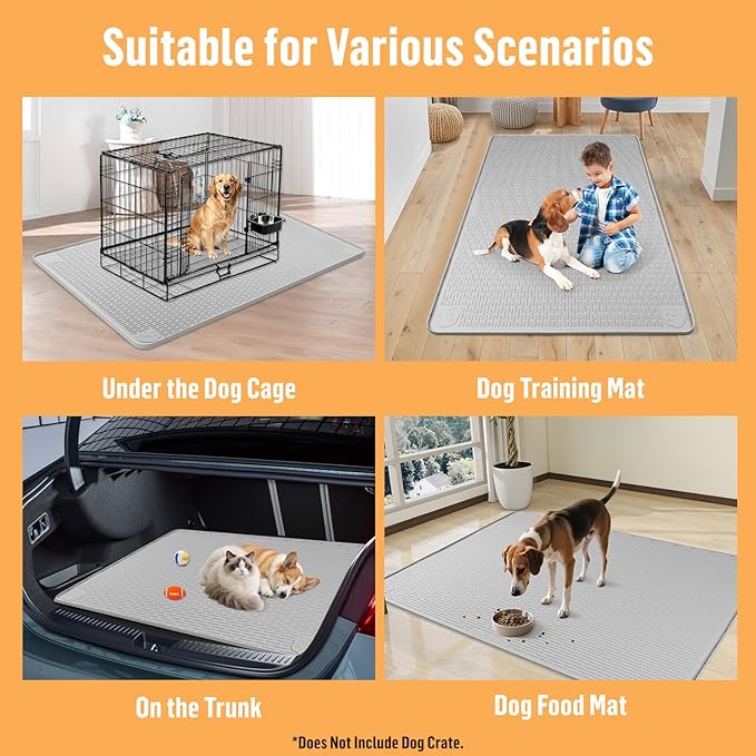 Silicone Dog Bed Mat, 50"x 30" Crate Mat for Dog Cages, Kennel Mat with Raised Edge, Washable, Waterproof, Leakproof, Protect Floors (Light Grey)