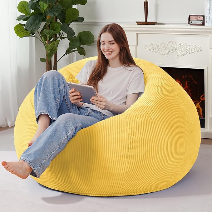 Homguava 5FT Bean Bag Chair for Adults,Teardrop Giant Bean Bags Big Beanbag Chair with Memory Foam Filled and Ultra Soft Removable Corduroy Cover for Living Room, Bedroom (Yellow)