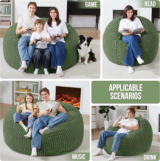 Homguava 3 FT Bean Bag Chair,3' Big Bean Bag,Large Bean Bag Chairs for Adults with Memory Foam Filled,Comfy Beanbag Chairs Soft Bean Bag Sofa with Dutch Corded Plush Cover-Green