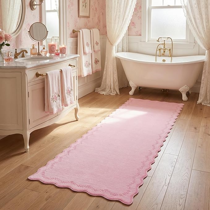 GarveeHome 2.5x8 Valentines Scalloped Washable Runner Rug for Bedroom, Soft Pink Long Hallway Runner Non Slip Entryway Rug Farmhouse Thin Laundry Mat Stain Resistant Carpet for Kitchen Bathroom Rug