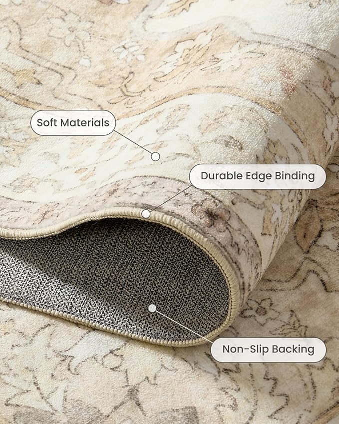 AMADA HOMEFURNISHING 8x10 Washable Area Rug, Low-Profile Large Area Rug with Non-Slip Backing & Durable Edge Binding, Vintage Large Rugs for Living Room, Bedroom, Dinning Room