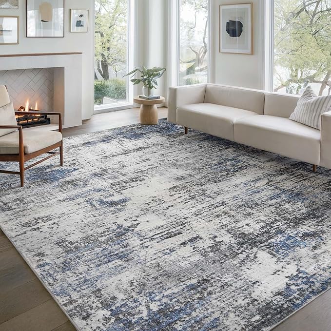 Area Rug Living Room Washable Rugs: 8x10 Modern Neutral Abstract Low Pile Non Slip Floor Carpet - Large Soft Thin Stain Resistant Rug for Bedroom Dining Indoor Office Home, Blue Grey